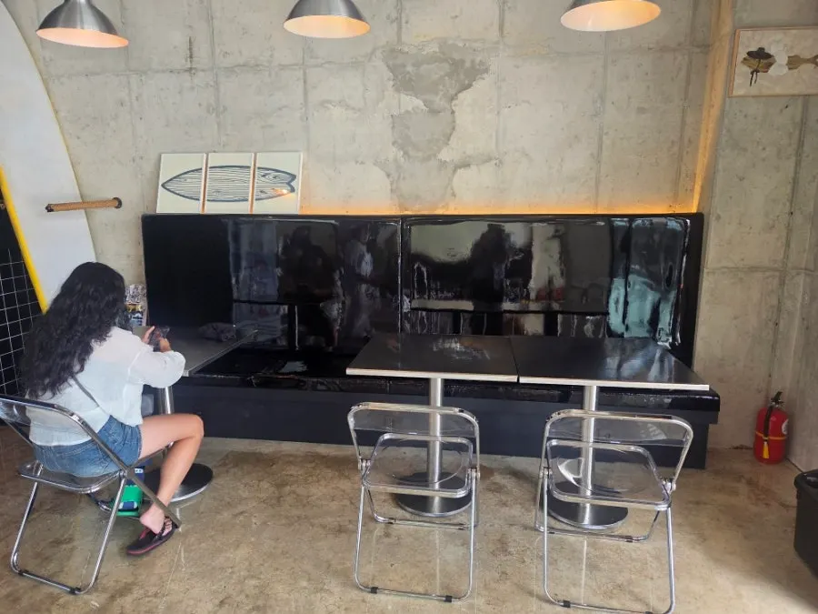 Interior of the shop with the checkered-pattern counter