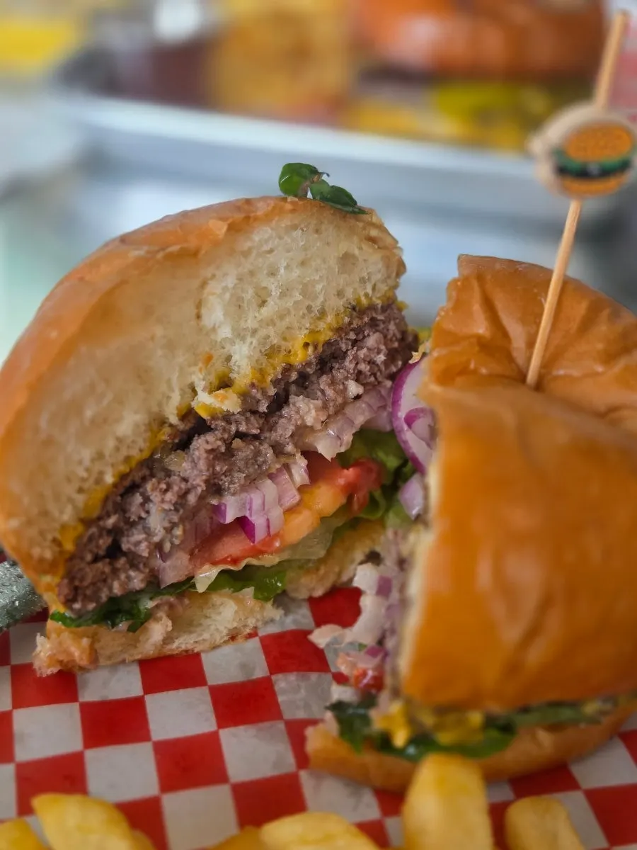 Close-up of the patty and cheese in the Moana Burger