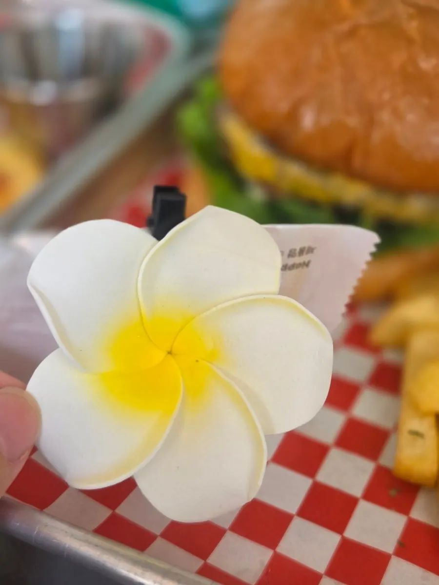 A spread of Moana Burger's handmade burger and fries