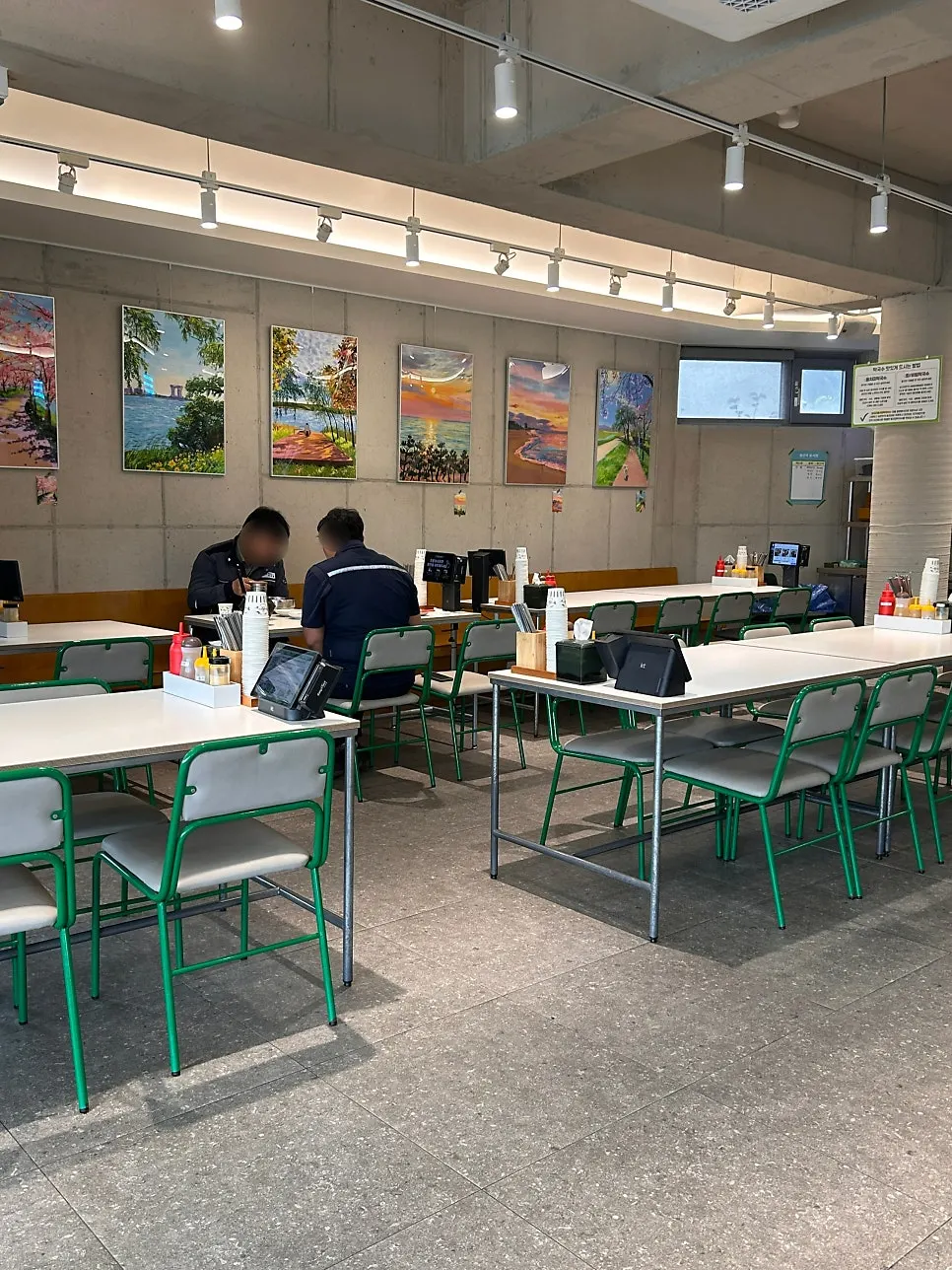 Restaurant wall decorated with paintings