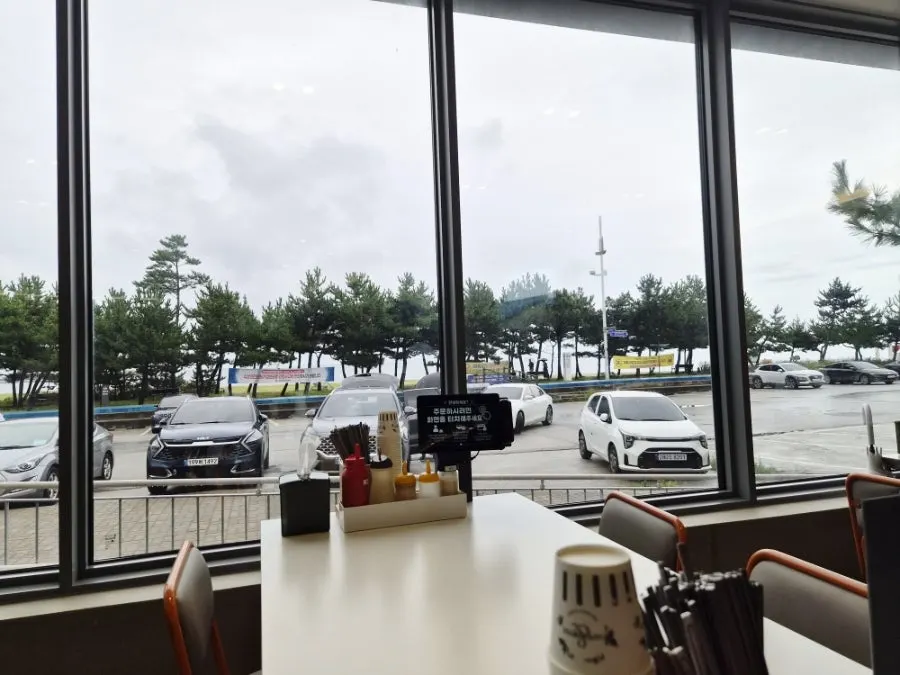 Spacious parking area in front of the beachside restaurant