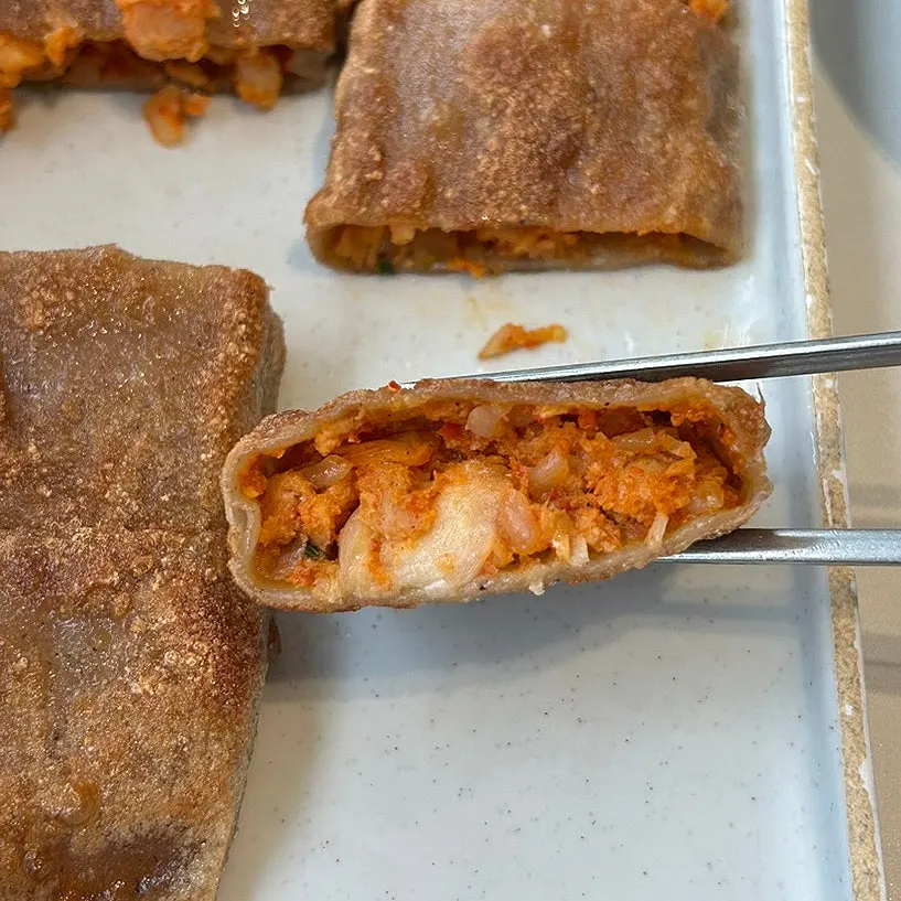 Buckwheat pancake cut into bite-sized pieces