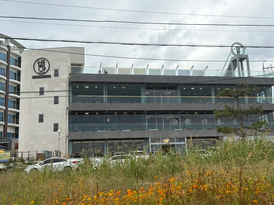Exterior of Baegya Coffee's white building facing the sea