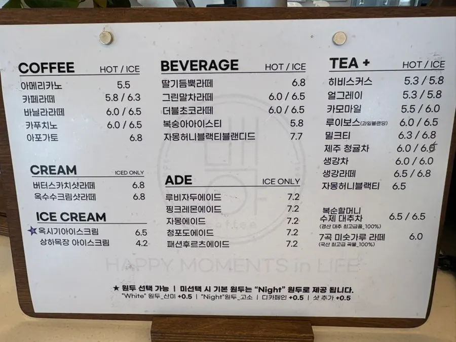 Menu board at Baegya Coffee