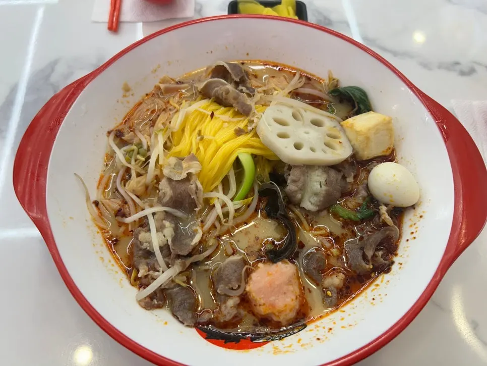 A bowl of malatang with corn noodles and beef brisket