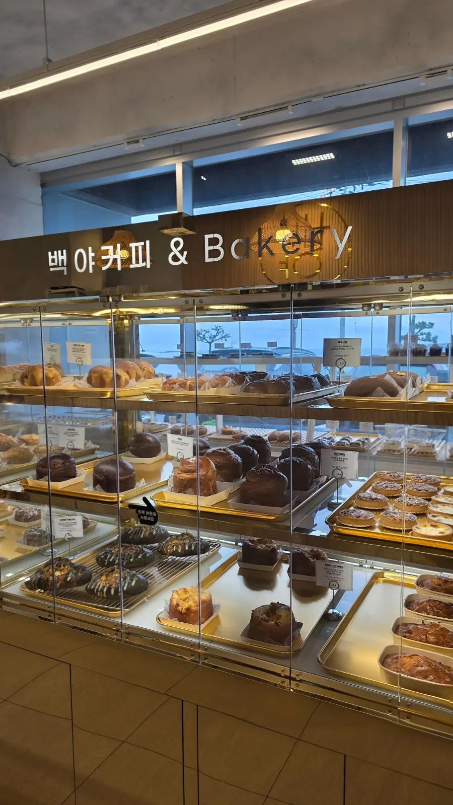 Bread-filled showcase on the 1st floor of Baegya Coffee