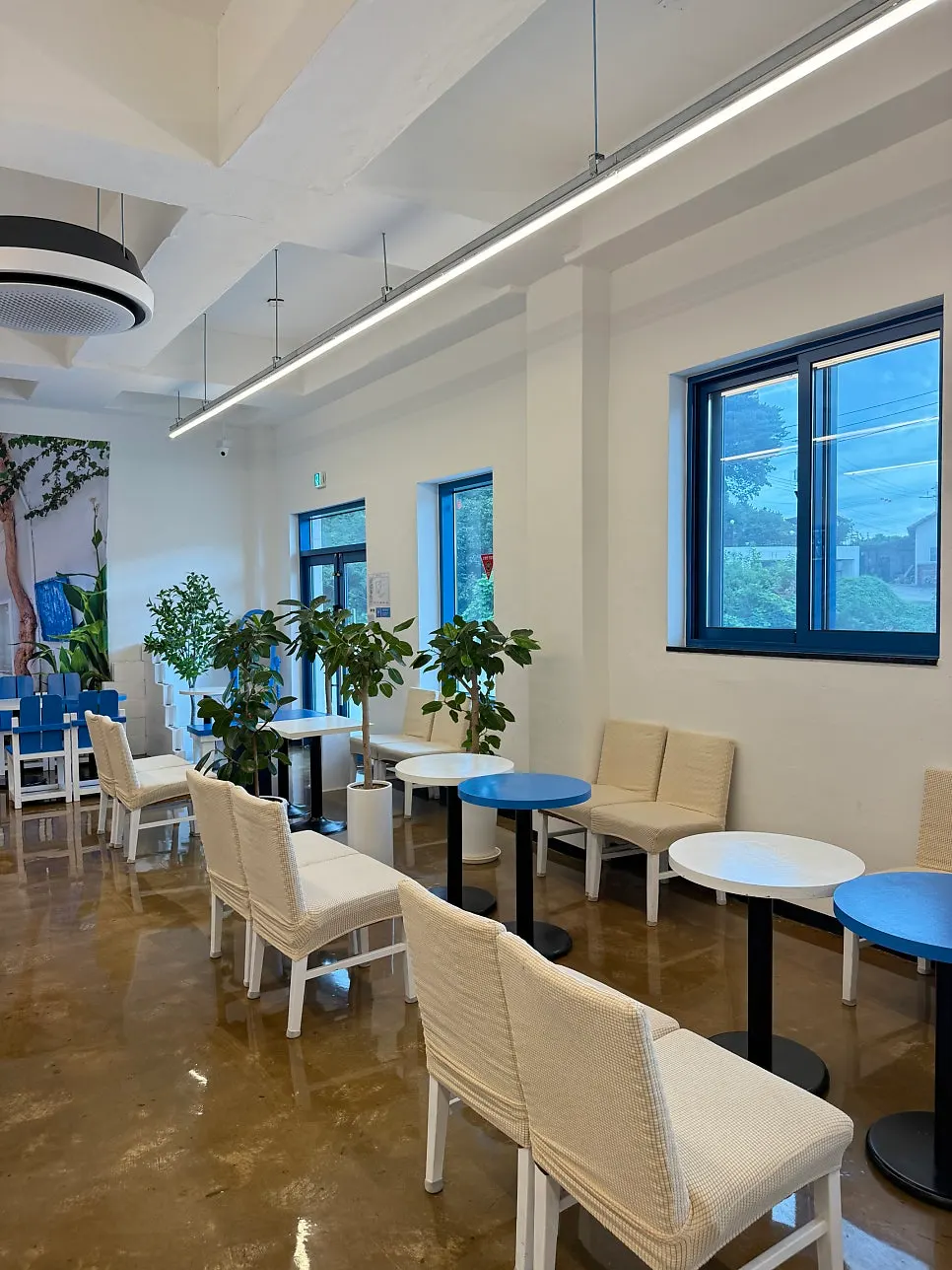 Santorini-style blue and white interior of the shop