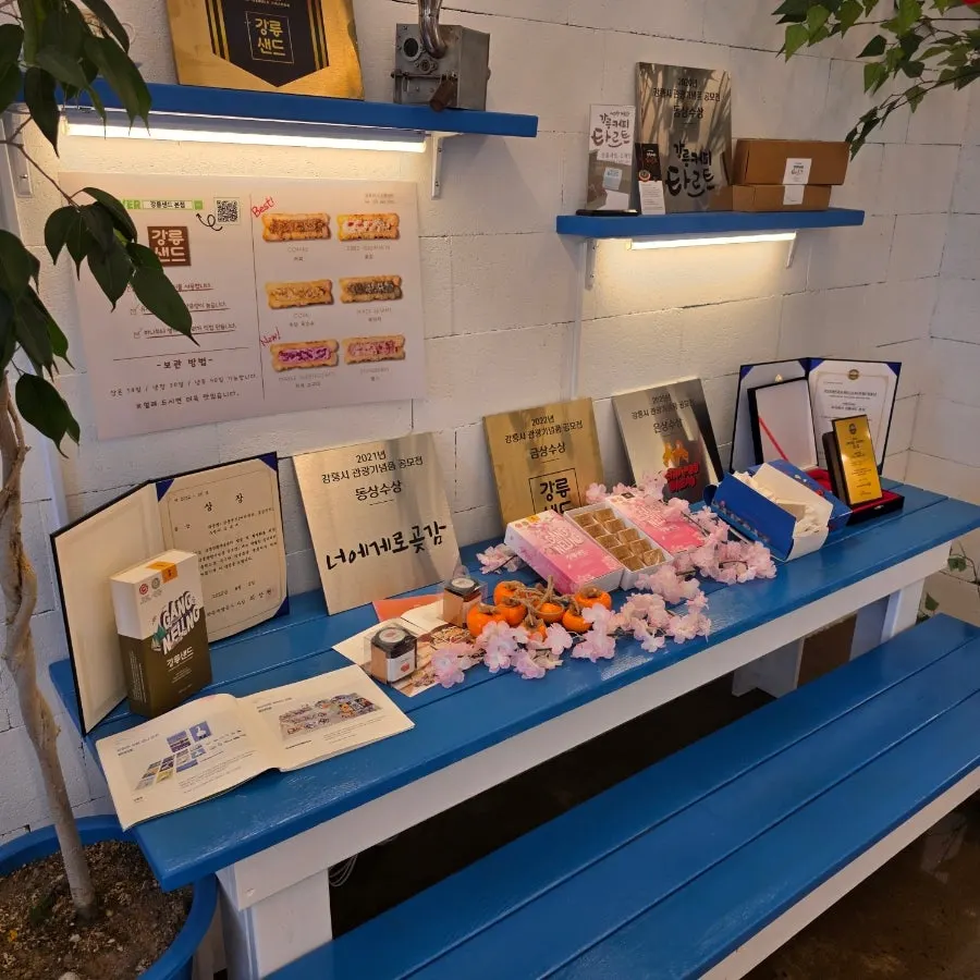 Second-floor café interior with blue accents