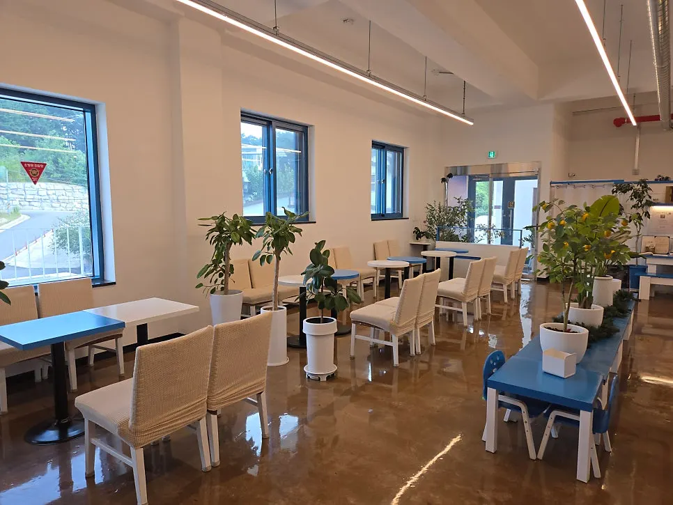 Interior of Gangneung Sand Main Branch decorated in white and blue