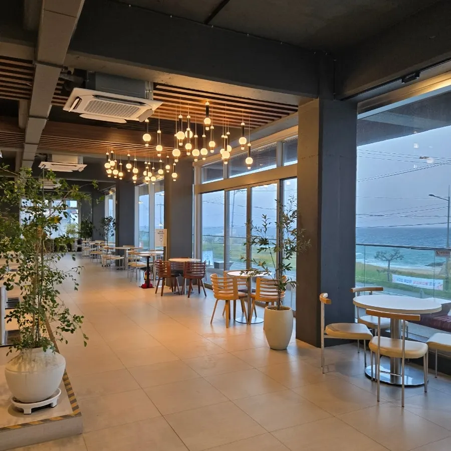 The Gangneung sea stretching out beyond floor-to-ceiling windows