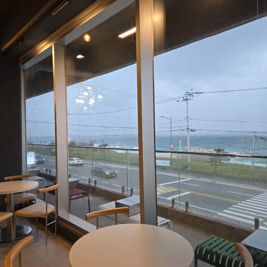 Spacious café interior with a row of window seats