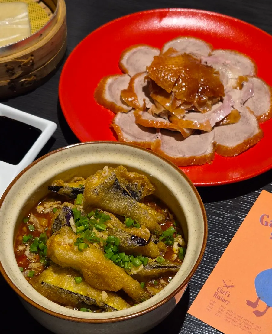 Final spread of the Peking duck meal at Gang's Duck