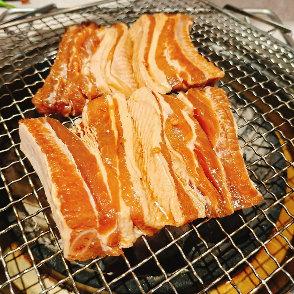 Seasoned pork ribs on a wire grill