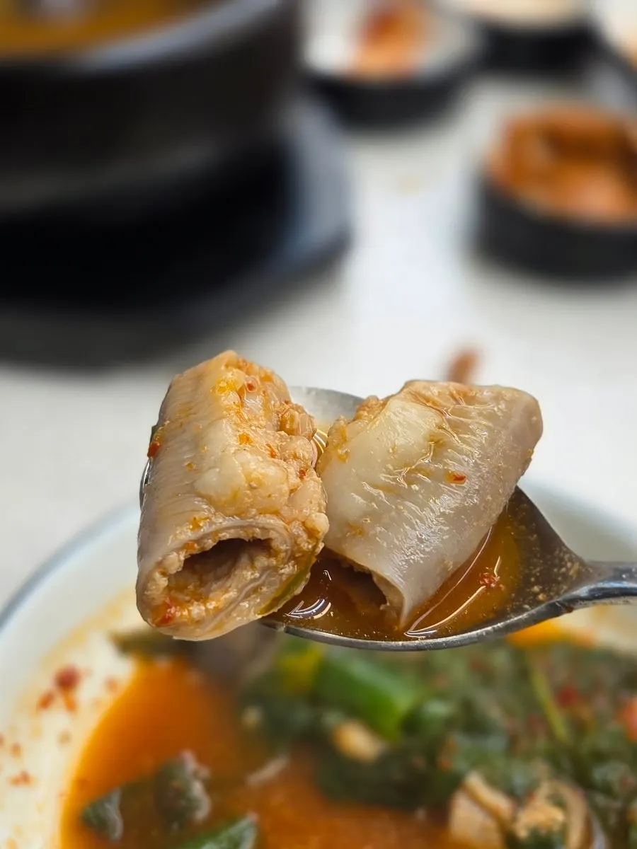 Hanwoo beef tripe hot pot simmering at the table