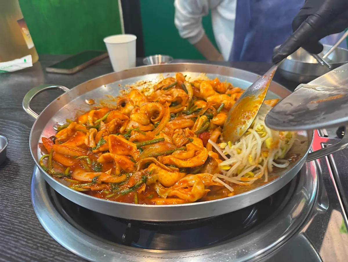 Full lunch spread with minari cuttlefish stir-fry