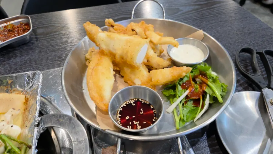 A generous plate of Gapmaejeong's cuttlefish fritters