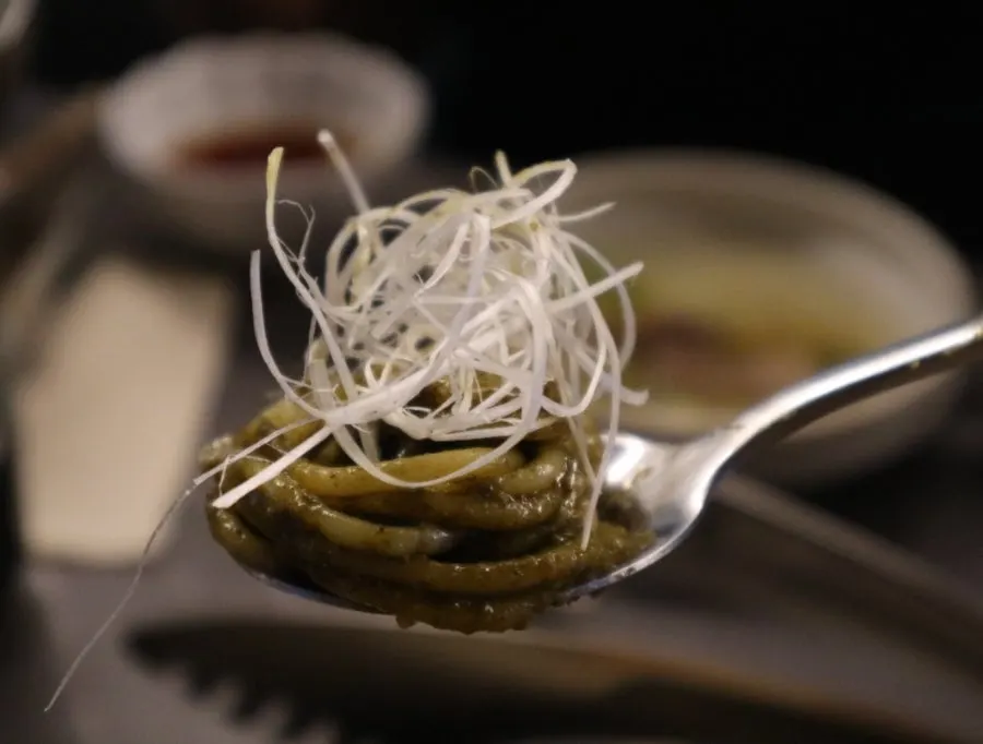Baguette served alongside the abalone intestine pasta