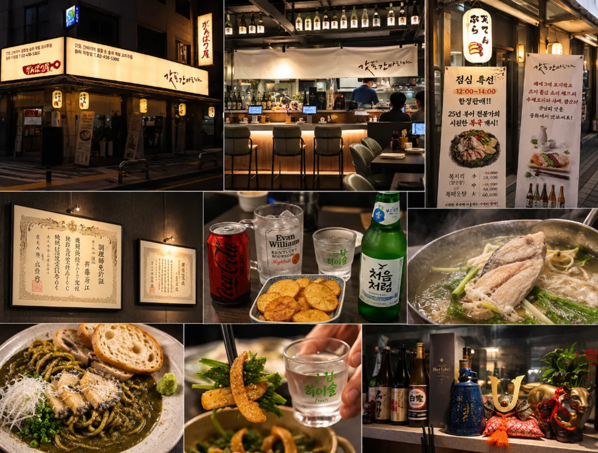 Full table spread of fugu nabe and abalone intestine pasta with drinks
