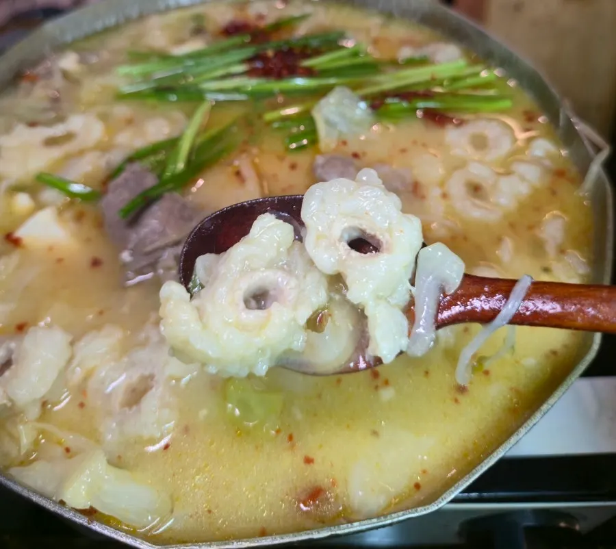 Korean beef daechang and vegetables inside the motsunabe