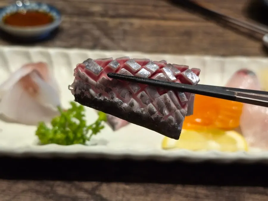 Close-up of the aged sashimi, one piece per person