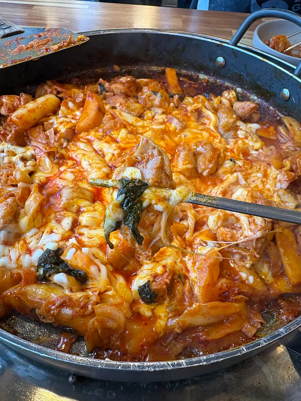 Dakgalbi and rice cakes cooked and soaked in sauce