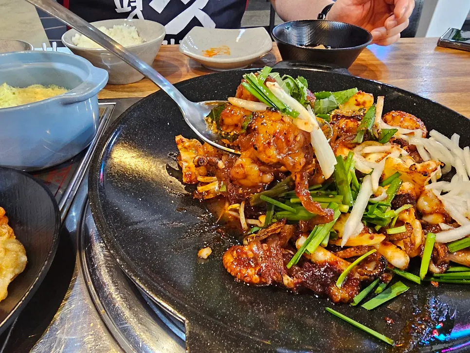 Pork intestine served alongside the octopus