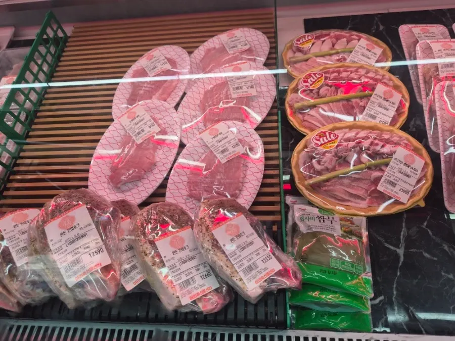 Display of pork neck and rib cuts