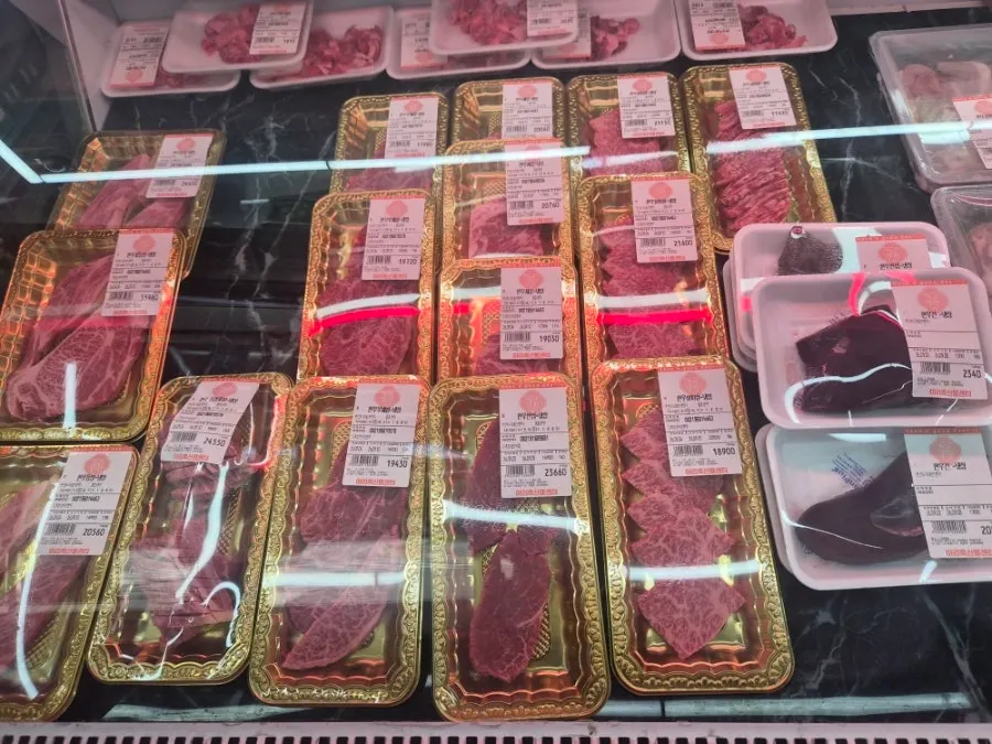 Packaged meat products on display