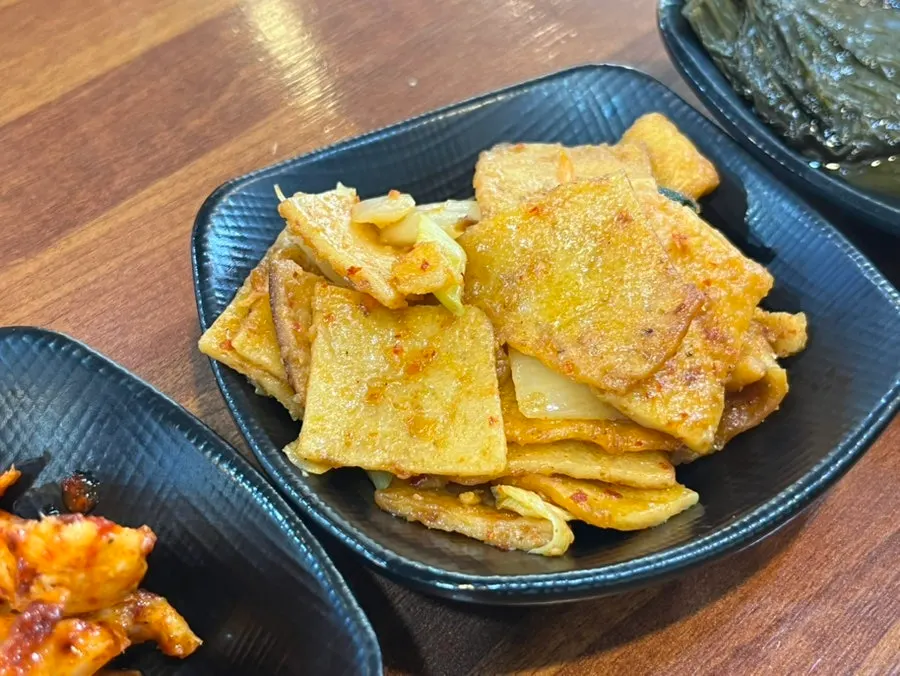 Plate of stir-fried fish cake side dish