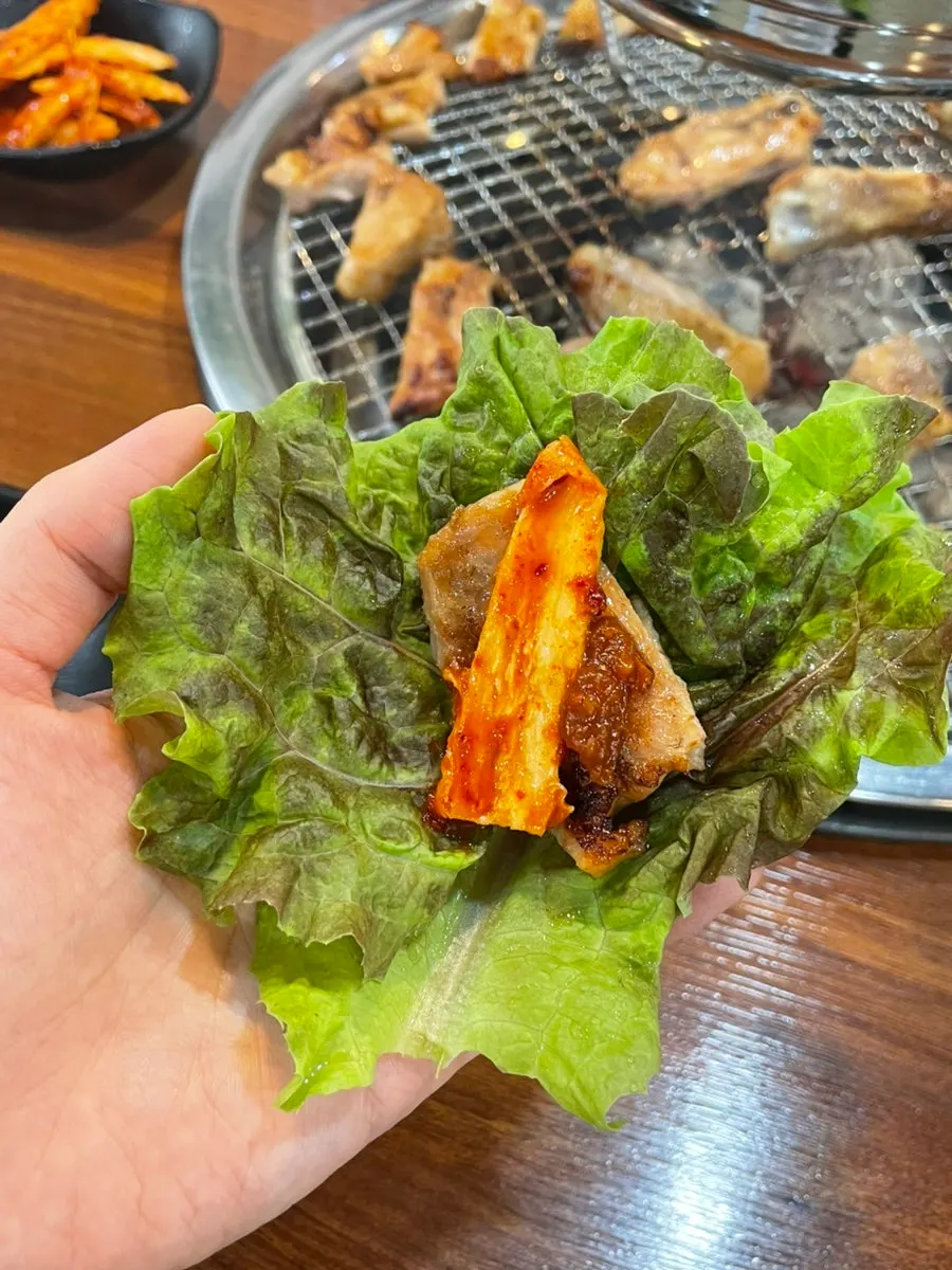 A golden-grilled piece of soy-sauce dakgalbi