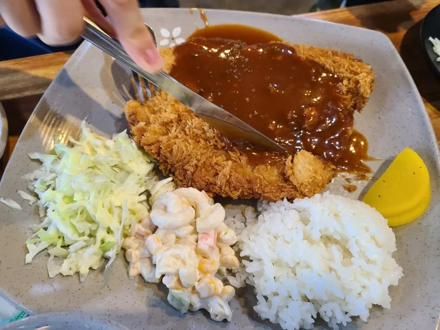 밥과 샐러드가 함께 담긴 옛날 돈까스 접시