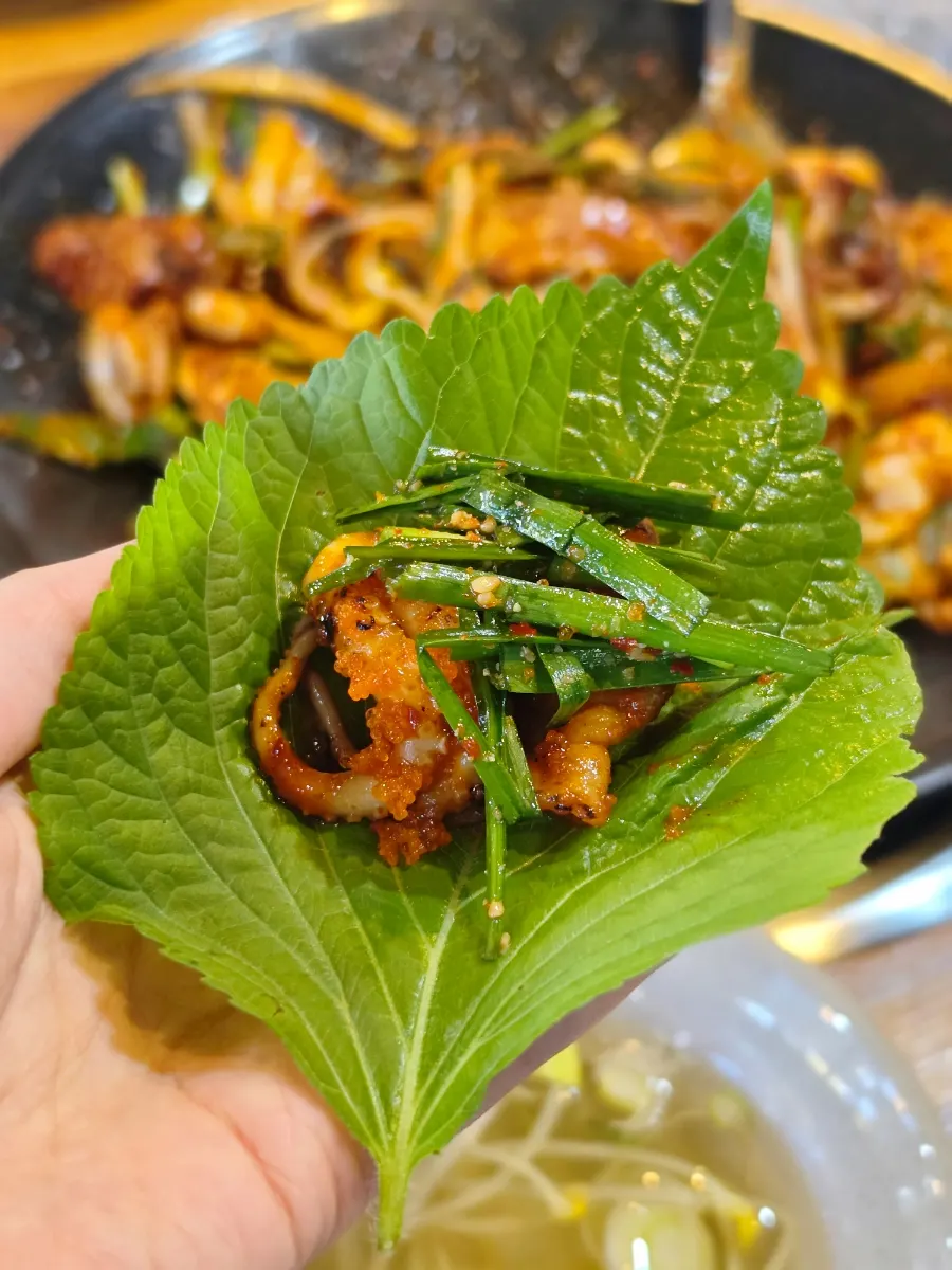 깻잎에 올린 쭈꾸미와 삼겹살 쌈