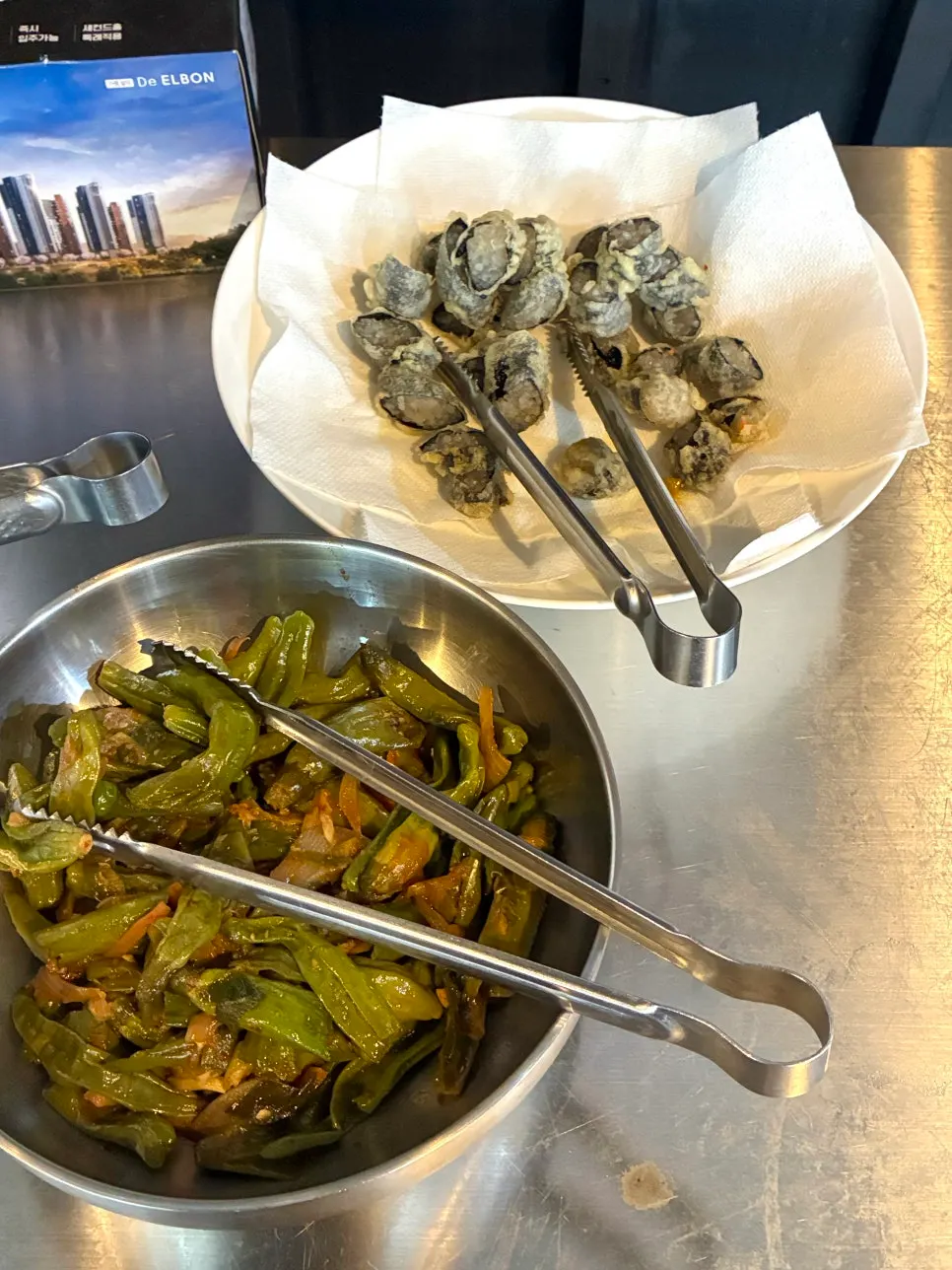 Self-serve banchan bar set up on one side of the restaurant