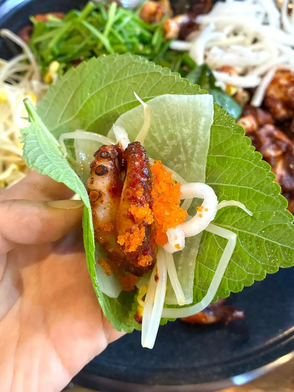 Close-up of jjukkumi stir-fry coated in seasoning