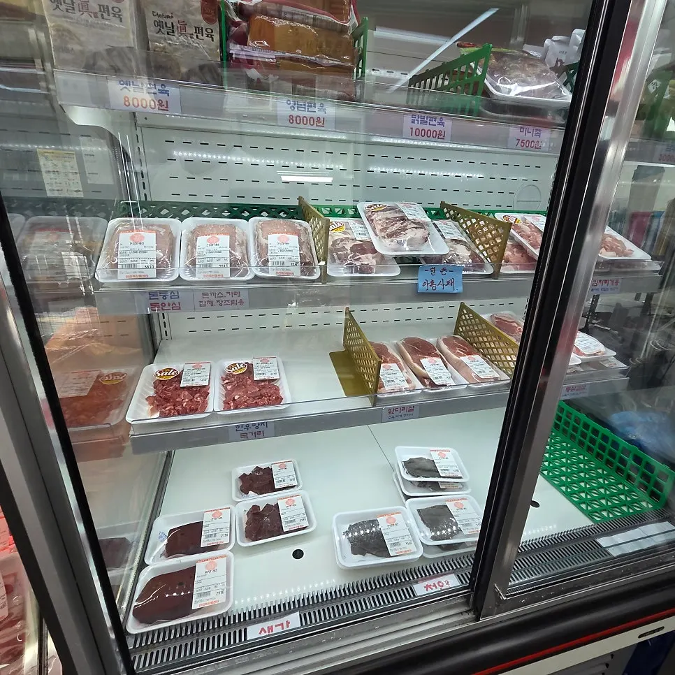 Butcher shop meats including pyeonyuk and arogsatae