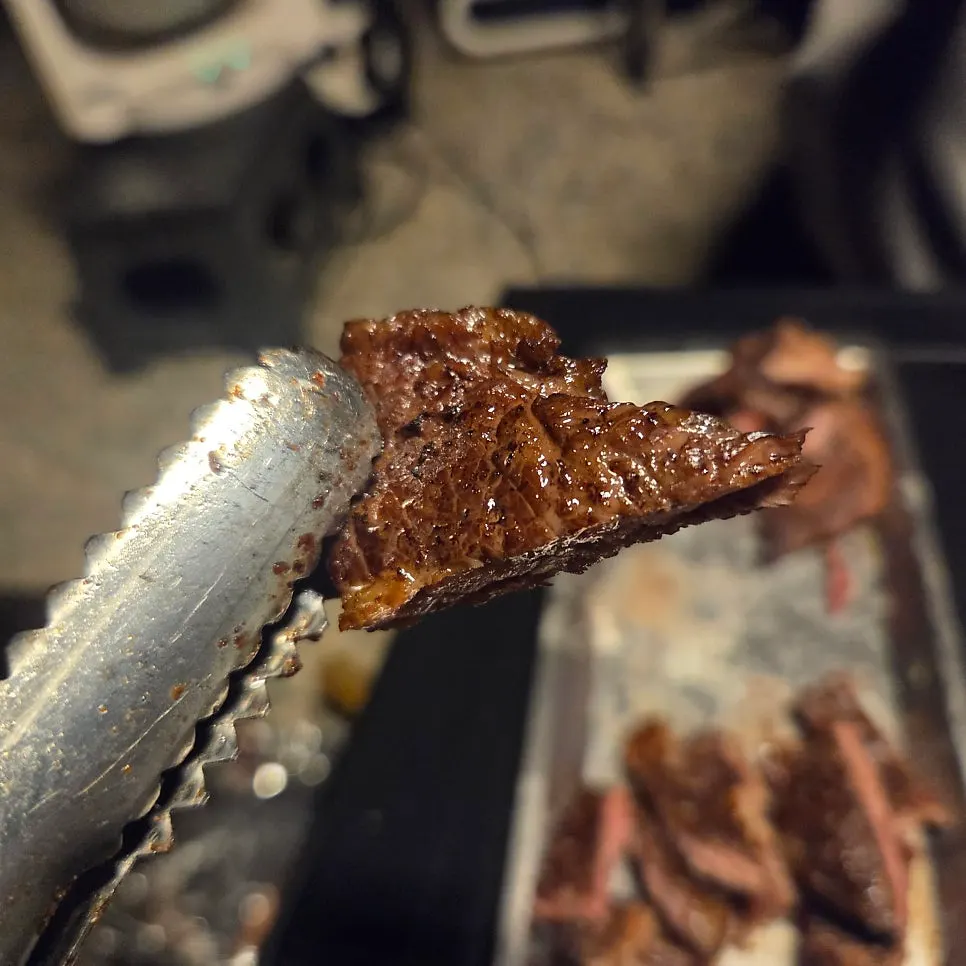 Meat grilled and eaten straight away at the campsite