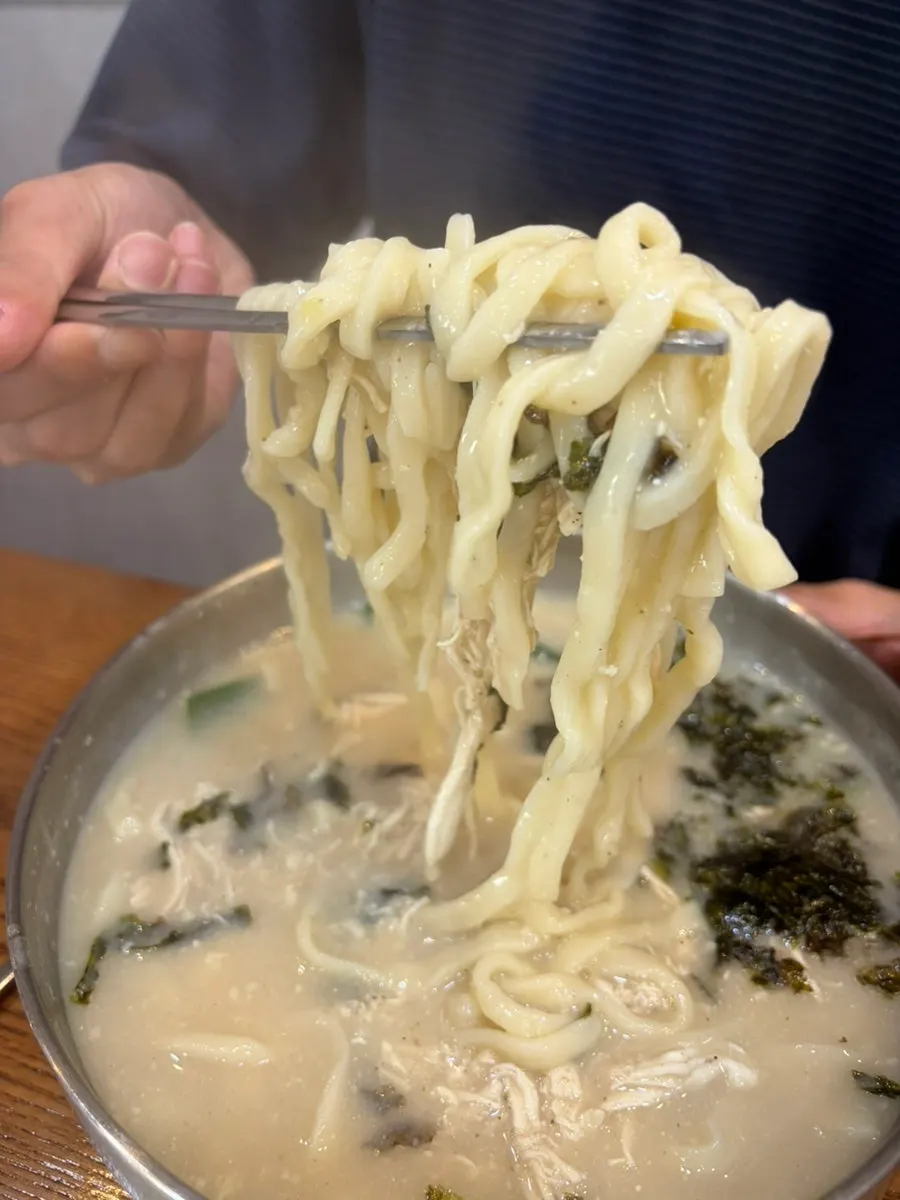젓가락으로 들어 올린 자가제면 칼국수 면발