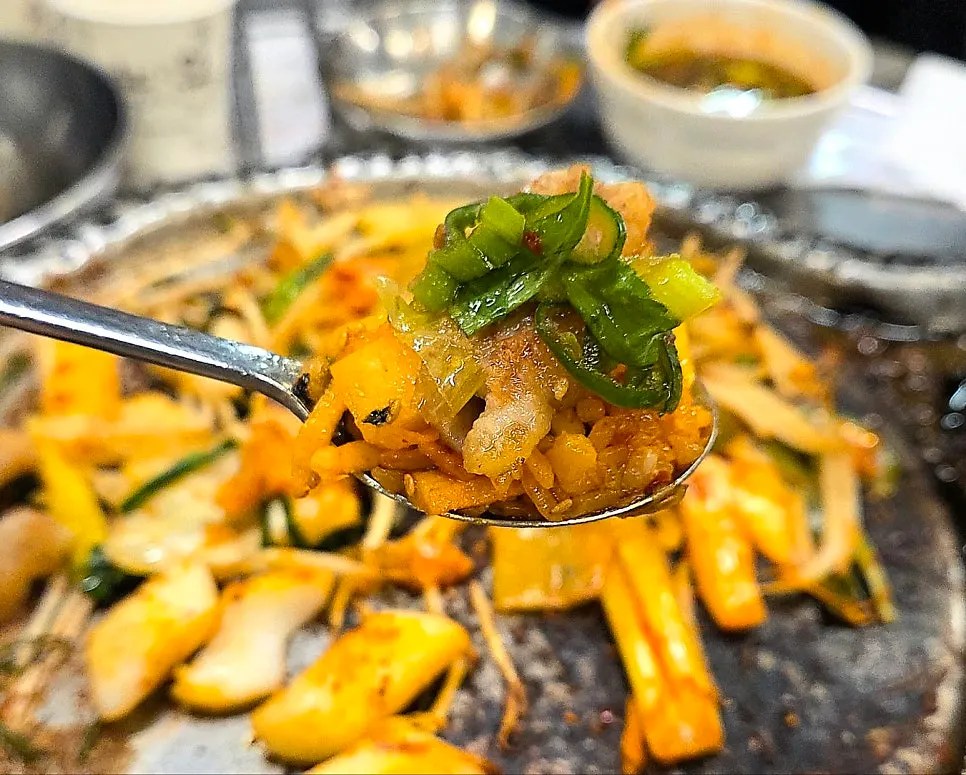 Gopchang piled on top of kkakdugi yangbap