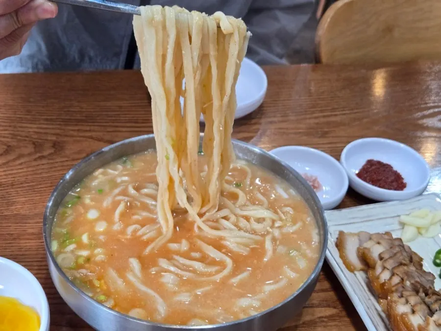 Close-up of the broth loaded with chicken topping
