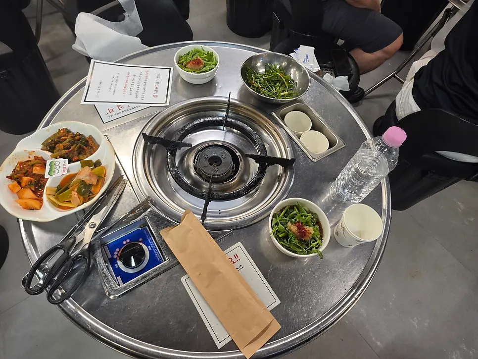 Table set with kimchi and dipping sauce