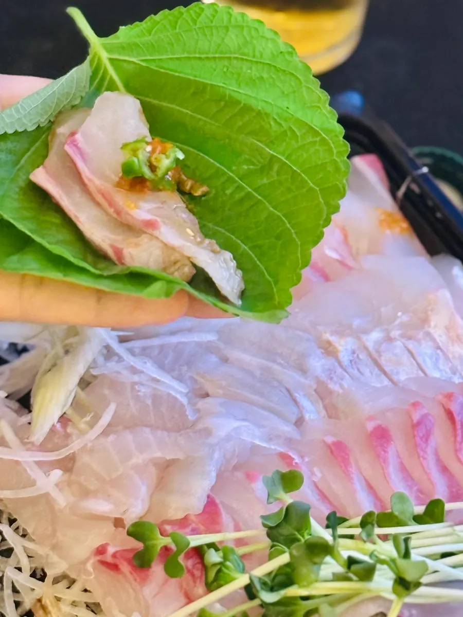 Close-up of chewy flounder sashimi