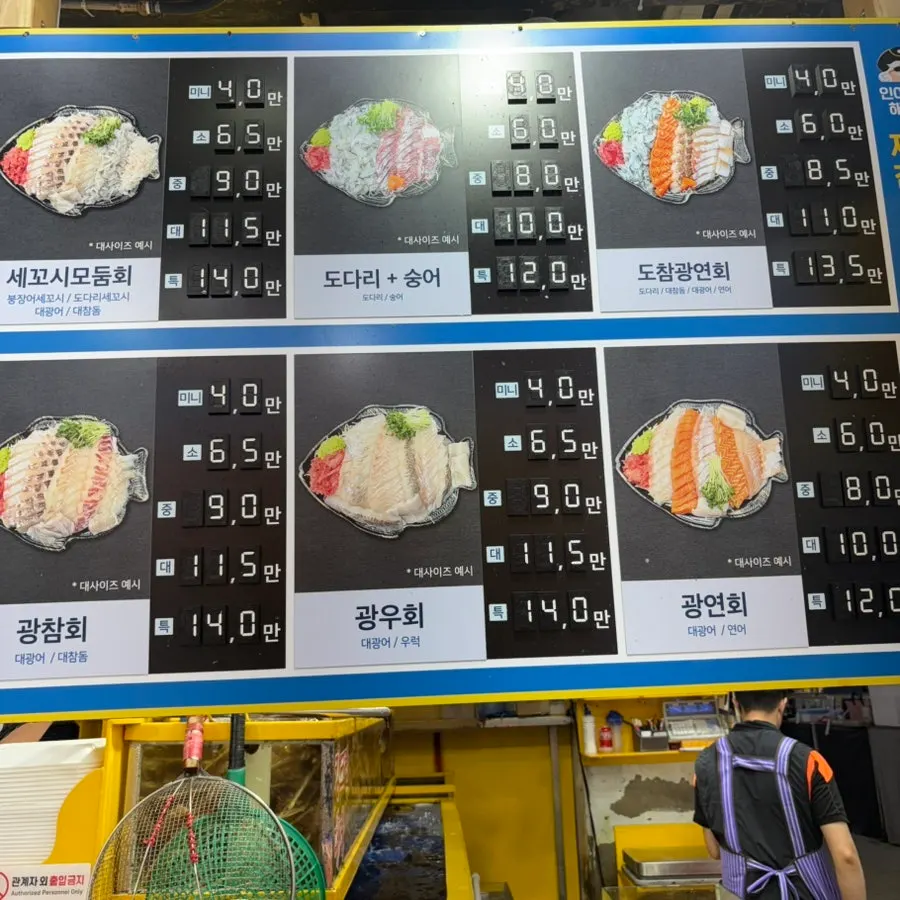 Menu board listing sashimi types and prices by size