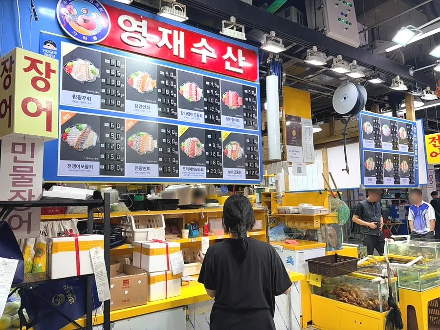 陳列生魚片與海鮮的店門口