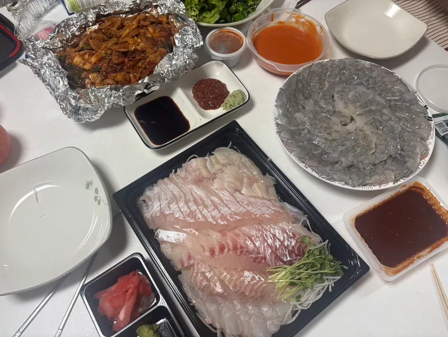 Close-up of sashimi mixed with flounder fin
