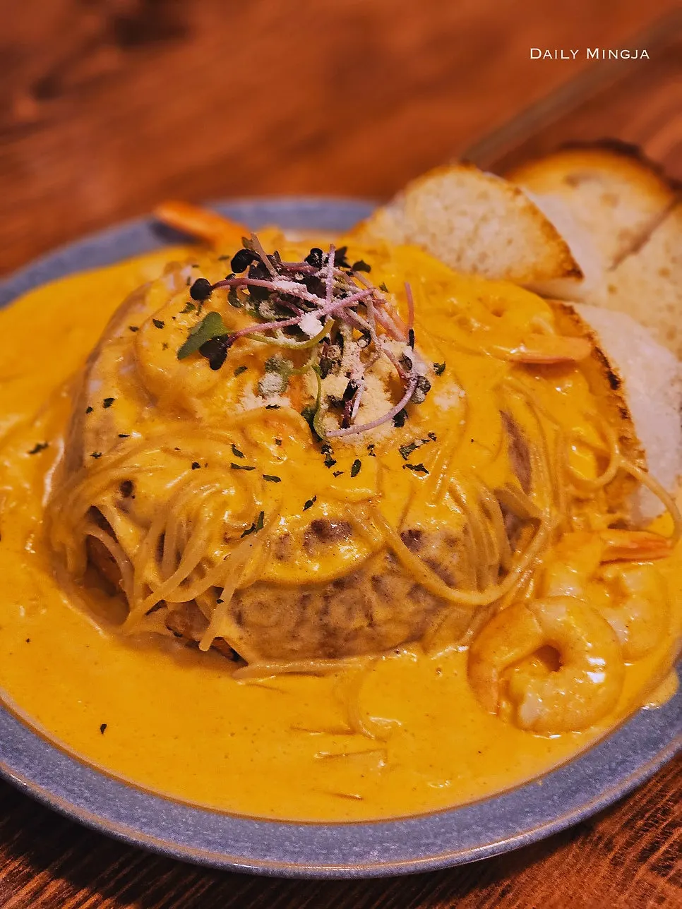 Vertical shot of shrimp bomb pane at Garlic Cook & Story