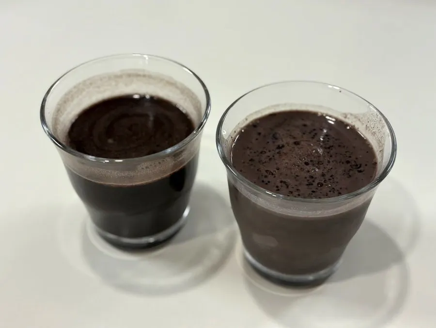 Chocolate soy milk mixed with water side by side with one mixed with milk
