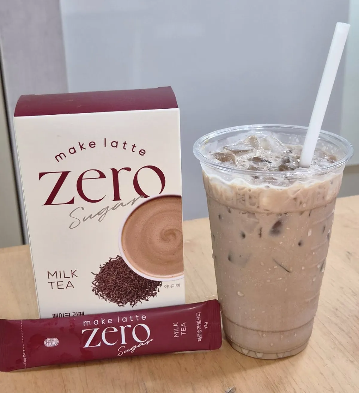 Garuseonsaeng Seoritae Zero Sugar Milk Tea with the finished cup