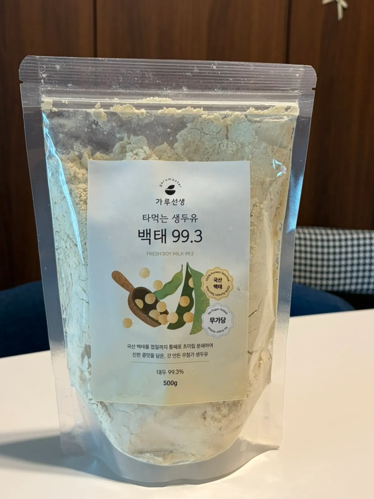 국산 백태 99.3% 표기가 있는 무가당 두유 가루 제품