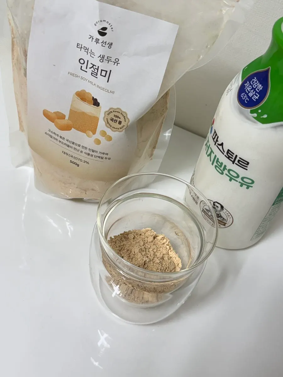 A rich glass of injeolmi soy milk made with water