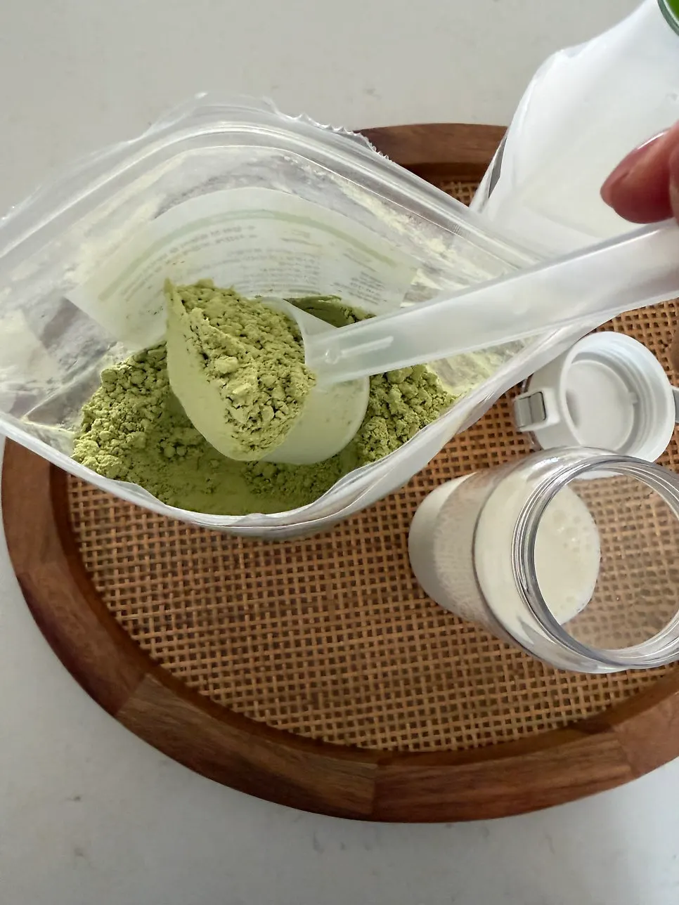 Matcha soy milk finished by shaking in the shaker